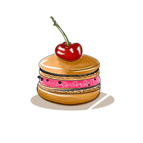 Art illustration of sweet cake with cherry on top, food illustration — 图库矢量图片