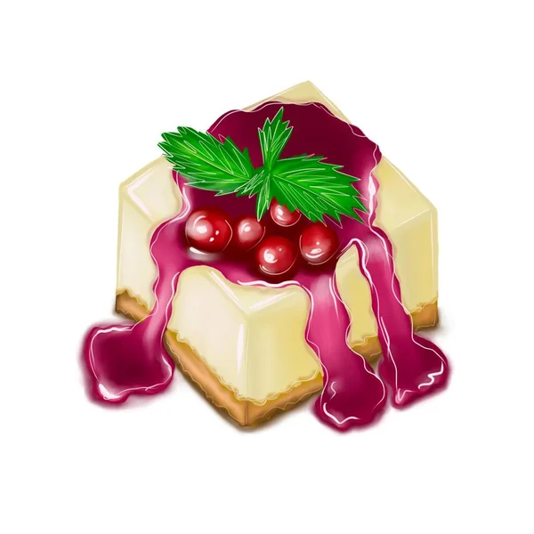 Ręcznie rysowane sztuka ilustracja kawałek ciasta w kolorze z liści i wiśni, ilustracja żywności — Zdjęcie stockowe