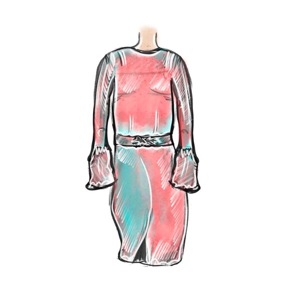 Векторная иллюстрация модного женского длинного платья в оттенках персика и бирюзы, модная иллюстрация на белом фоне