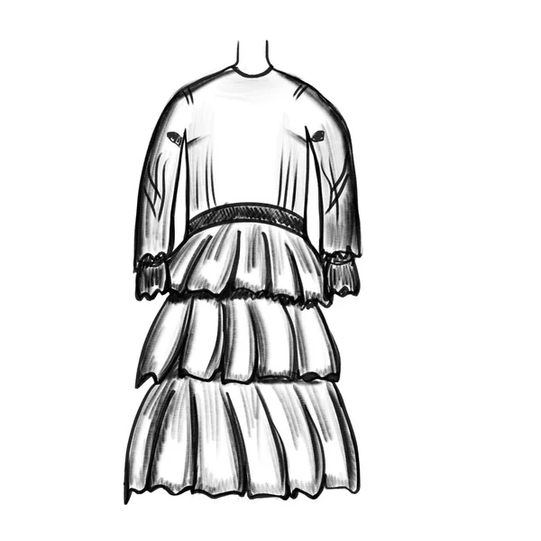 Vector Handgezeichnete Skizze Eines Modischen Frauenkleides Mode Illustration Schwarze Linien — Stockvektor