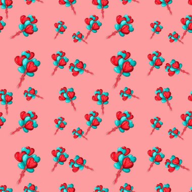 Kırmızı kalp şeklinde balon ve tatlı pembe arka planda bulut. Kusursuz desen tasarımı. Sevgililer Günün kutlu olsun, 14 Şubat. Bayram posteri, düğün davetiyesi, romantik tebrik kartı, broşür, afiş.