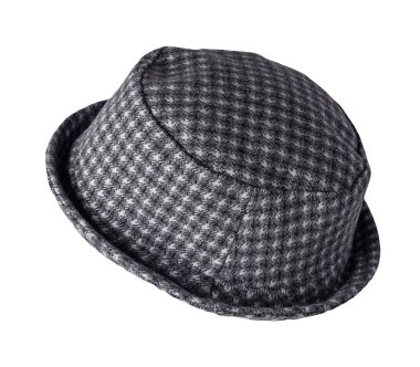 Beyaz arkaplanda izole edilmiş güz siyah kova şapka. Balıkçı şapkası, İrlanda şapkası, oturum şapkası, panama..