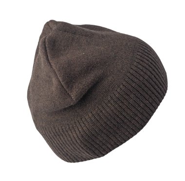 Beyaz arka planda izole bir şekilde örülmüş kadın şapkası. Sıcak kış aksesuarı