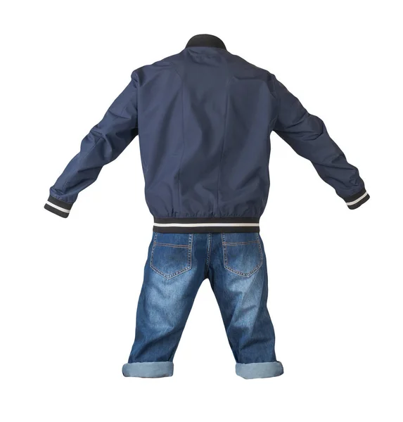 斜纹棉布深蓝色短裤和深蓝色炸弹夹克与拉链隔离在白色背景 男式牛仔裤 — 图库照片