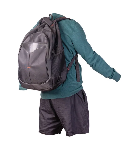 Schwarzer Rucksack Schwarze Shorts Türkisfarbener Pullover Auf Weißem Hintergrund Freizeitkleidung — Stockfoto