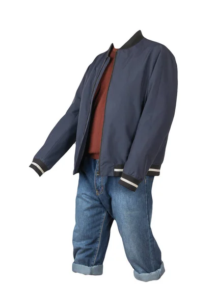 デニムブルーショートパンツ ダークレッドセーターとダークブルージャケット上のジッパー隔離された白い背景 — ストック写真