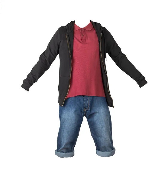 Denim Donkerblauwe Short Donkerrood Shirt Met Kraag Aan Knopen Zwart — Stockfoto