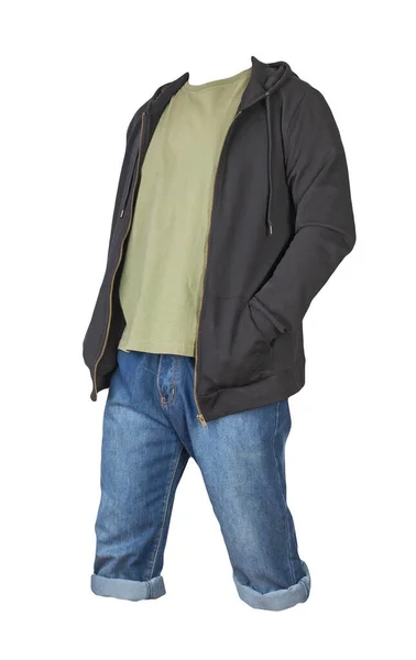 Jeans Dunkelblaue Shorts Olivfarbenes Shirt Und Schwarzes Sweatshirt Mit Reißverschluss — Stockfoto