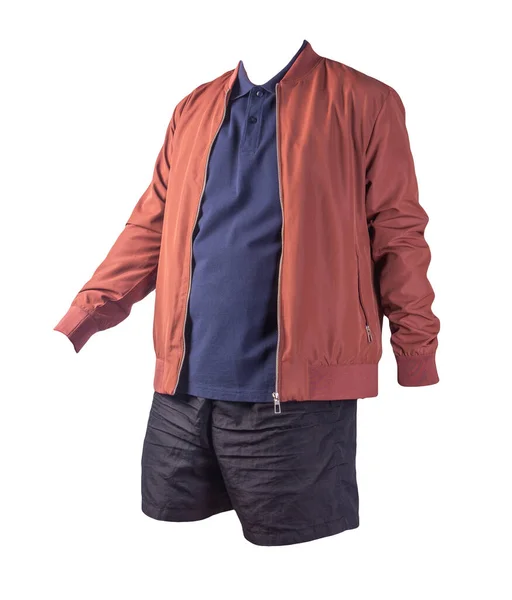 Bomber Uomo Rosso Scuro Camicia Blu Scuro Pantaloncini Sportivi Neri — Foto Stock
