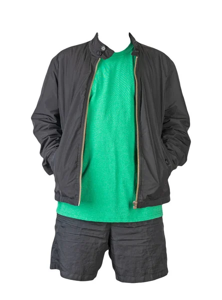 Męska Czarna Kurtka Zielony Shirt Sportowe Czarne Szorty Odizolowane Białym — Zdjęcie stockowe
