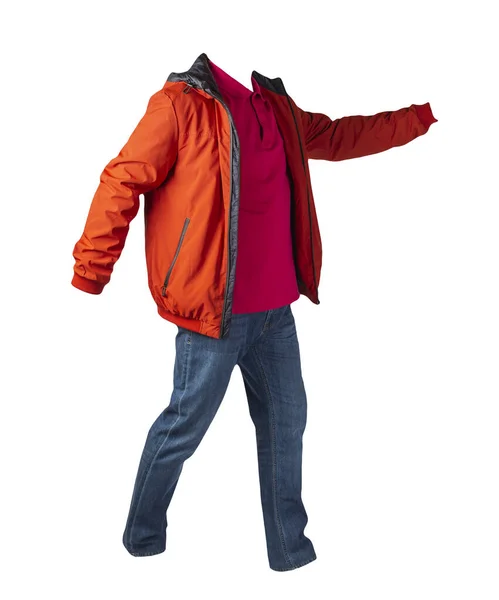 橙色夹克 红色衬衫和蓝色牛仔裤 白色背景隔离 休闲装 — 图库照片