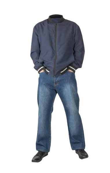 Dunkelblaue Jeans Schwarze Lederschuhe Dunkelblaue Bomberjacke Auf Weißem Hintergrund Lässiger — Stockfoto