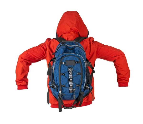 Blauer Rucksack Mit Roter Jacke Und Kapuze Auf Weißem Hintergrund — Stockfoto