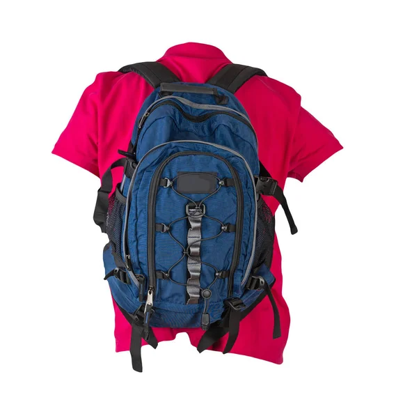 Blauer Rucksack Mit Rotem Shirt Auf Weißem Hintergrund Rucksack Und — Stockfoto