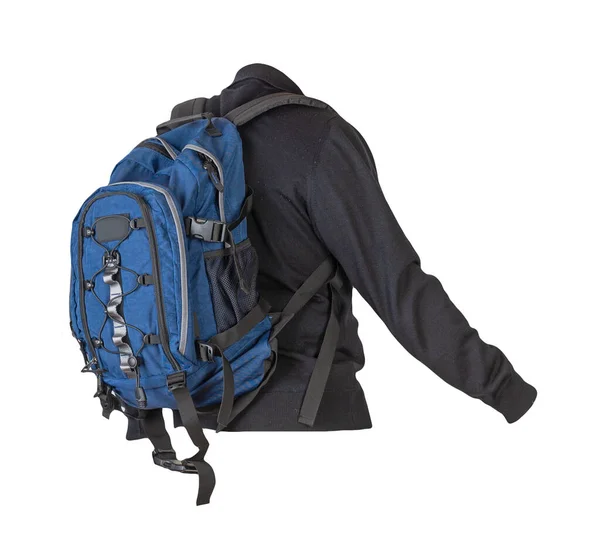 Blauer Rucksack Bekleidet Mit Einem Schwarzen Strickpullover Isoliert Auf Weißem — Stockfoto