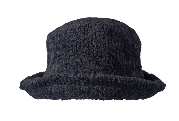 Autunno Cappello Nero Secchio Pelliccia Artificiale Isolato Sfondo Bianco Cappello — Foto Stock