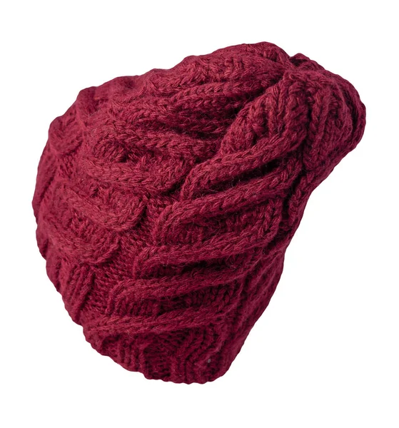 帽子深红色针织 白色背景孤立 暖冬饰物 — 图库照片