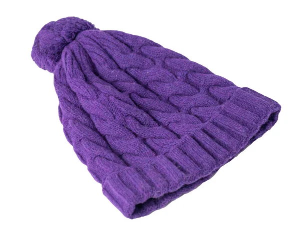 Women Purple Hat Knitted Pompon Isolated White Background Warm Winter — Stock Photo, Image