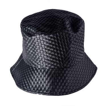 Beyaz arka planda izole edilmiş siyah deri şapka. Balıkçı şapkası, İrlanda şapkası, oturum şapkası, panama..