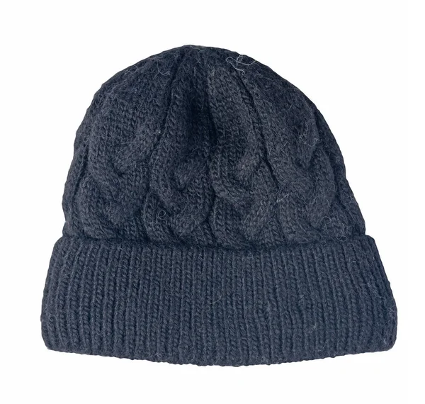 Chapeau Tricoté Bleu Foncé Isolé Sur Fond Blanc Accessoire Hiver — Photo