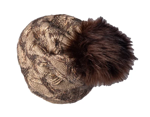 Dambrun Beige Hatt Stickad Med Garnboll Isolerad Vit Bakgrund Varm — Stockfoto