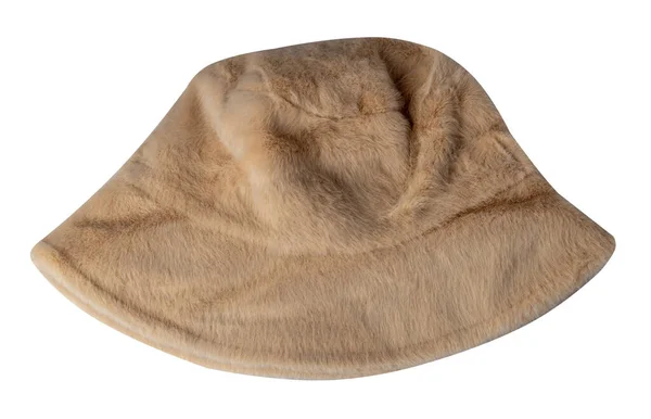 秋天米黄色的桶帽 白色背景的人造毛皮 渔夫的帽子 爱尔兰乡村帽 会话帽 巴拿马 — 图库照片