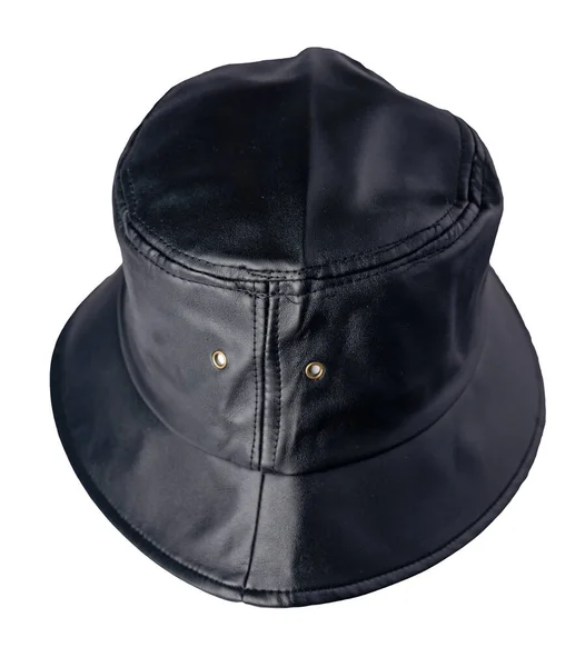 Cappello Secchio Nero Pelle Artificiale Isolato Sfondo Bianco Cappello Pescatore — Foto Stock