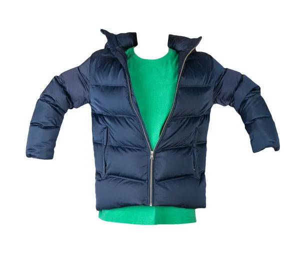 Jaqueta Azul Escuro Para Baixo Dos Homens Camiseta Verde Isolada — Fotografia de Stock