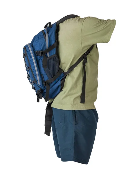 Jeansblauer Rucksack Dunkelblaue Sporthose Blaues Shirt Kleidung Für Jeden Tag — Stockfoto