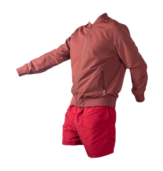 Férfi Vörös Bombázó Kabát Piros Sport Rövidnadrág Elszigetelt Fehér Háttérrel — Stock Fotó
