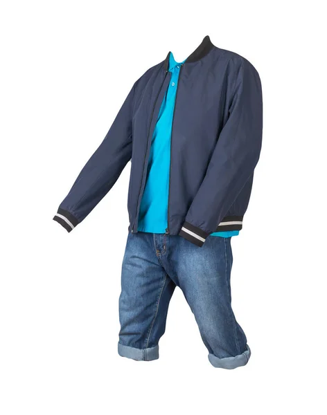 Calções Jeans Azul Escuro Camiseta Azul Com Colarinho Nos Botões — Fotografia de Stock