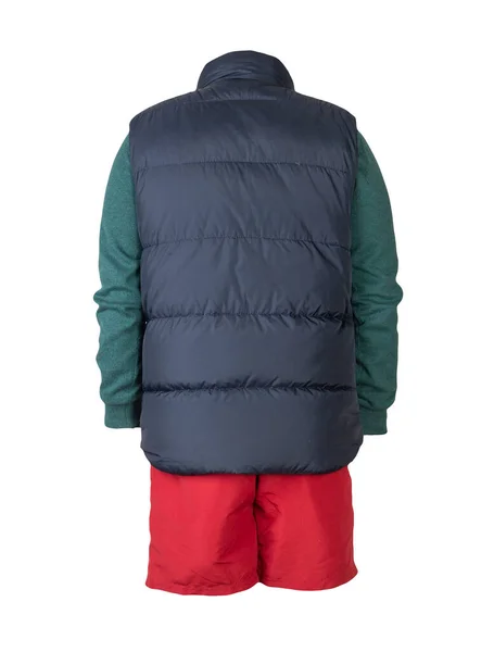 Dunkelblaue Ärmellose Jacke Grüner Pullover Und Rote Sporthose Auf Weißem — Stockfoto