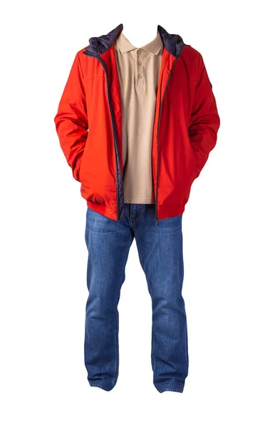 Jaqueta Vermelha Camisa Bege Jeans Azul Isolado Fundo Branco Roupas — Fotografia de Stock