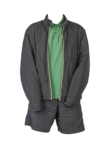 男性用ブラックジャケット ダークグリーンのシャツ ホワイトを基調としたブラックのスポーツパンツ ファッショナブルなカジュアルウェア — ストック写真