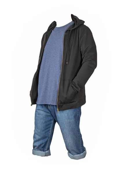 Jeans Dunkelblaue Shorts Marine Shirt Und Schwarzes Sweatshirt Mit Reißverschluss — Stockfoto