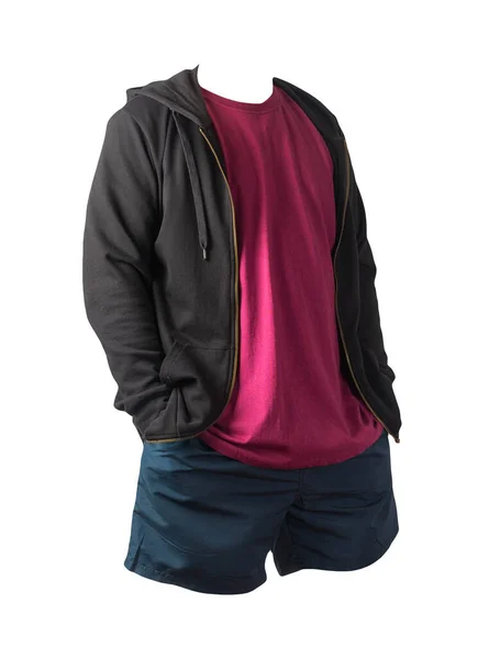 Camisola Preta Com Capuz Zíper Ferro Camiseta Borgonha Calções Esportivos — Fotografia de Stock