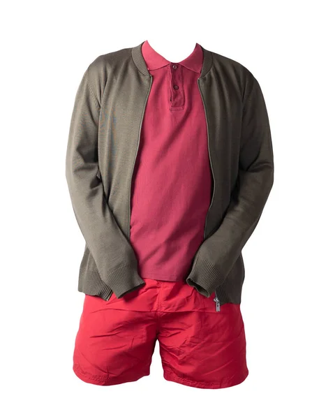 Jaqueta Malha Verde Escuro Dos Homens Camisa Vermelha Escura Shorts — Fotografia de Stock