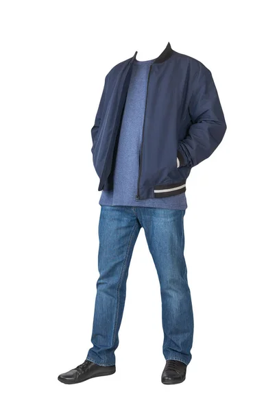 Donkerblauwe Jeans Marine Shirt Donkerblauwe Bomberjack Zwarte Leren Schoenen Geïsoleerd — Stockfoto