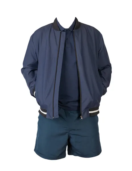 men\'s dark blue bomber jacket, dark blue shirt and dark blue sports shorts isolated on white background. fashionable casual wear