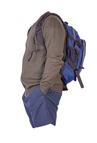 Blauer Rucksack Dunkelblaue Shorts Hakki Sommerliche Bomberjacke Auf Weißem Hintergrund — Stockfoto