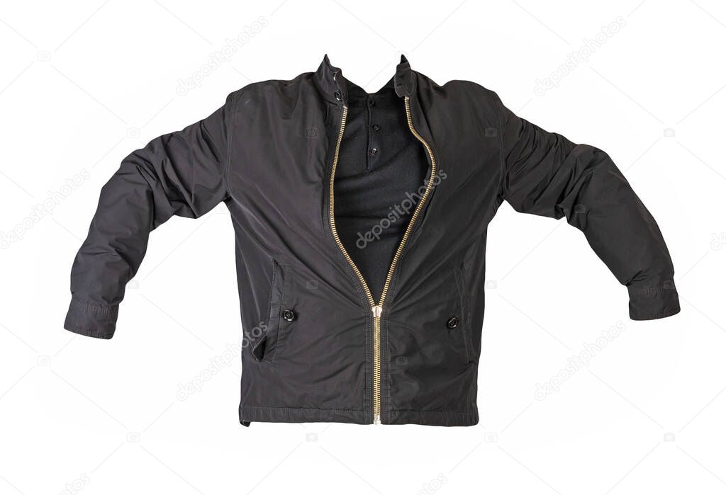 black jacket with hood and black sweater isolated on white background