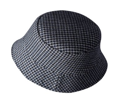 Beyaz arkaplanda izole edilmiş siyah gri yün şapka. Balıkçı şapkası, İrlanda şapkası, oturum şapkası, panama..