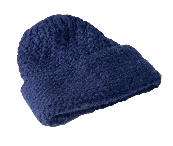帽子深蓝色针织 白色背景孤立 暖冬饰物 — 图库照片
