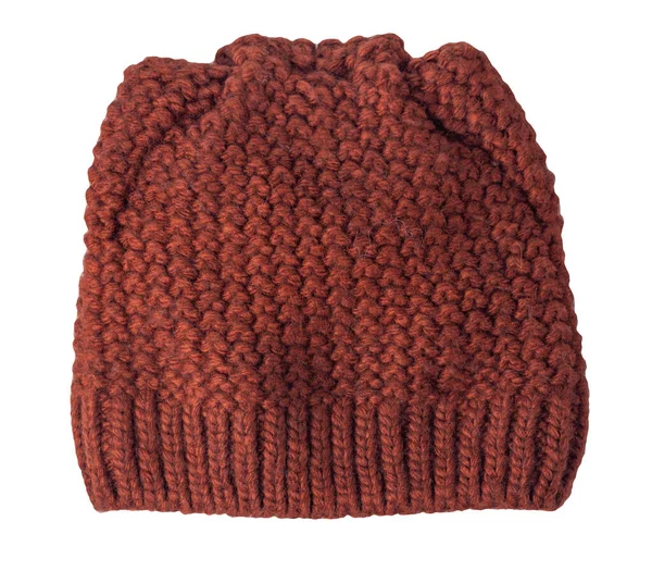 女式针织棕色帽子 白色背景隔离 暖冬饰物顶部视图 — 图库照片