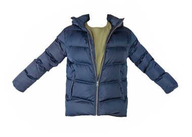 Erkekler koyu mavi ceketi ve beyaz arka planda izole edilmiş zeytin tişörtü. modaya uygun günlük kıyafetler.