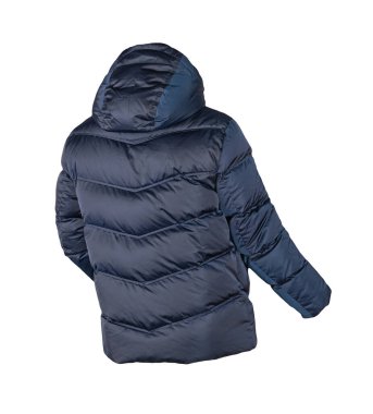 Beyaz arka planda koyu mavi kapüşonlu erkek ceketi. Her gün için şık kıyafetler.