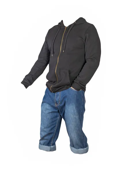 Jeans Dunkelblaue Shorts Und Schwarzer Kapuzenpullover Auf Weißem Hintergrund Jeans — Stockfoto