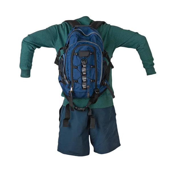 Blauer Rucksack Dunkle Jogginghose Grüner Pullover Auf Weißem Hintergrund Freizeitkleidung — Stockfoto