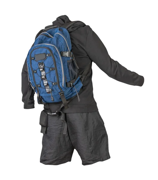 Jeansblauer Rucksack Schwarzes Sweatshirt Mit Kapuze Schwarze Shorts Auf Weißem — Stockfoto