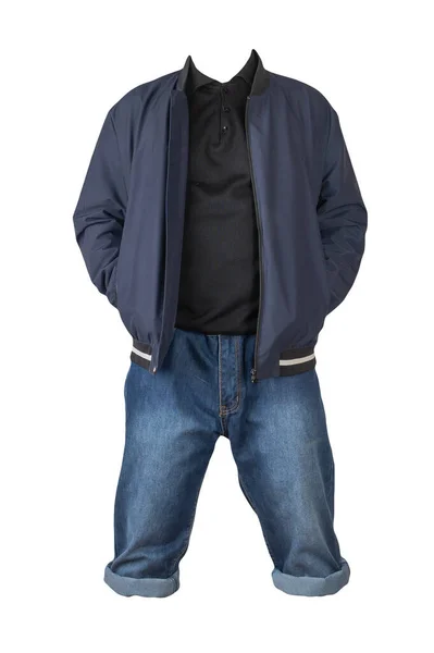 斜纹棉布蓝色短裤 黑色毛衣和深蓝色炸弹夹克在拉链上 白色背景隔离 — 图库照片